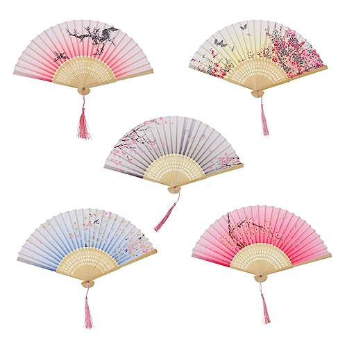 Gogogmee 5 Stück Japanische Faltbare Handfächer mit Blumenmuster Vintage Dekorative Klappfächer mit Quaste Leicht und Tragbar Für Party Cosplay Hochzeit und Sommergebrauch von Gogogmee