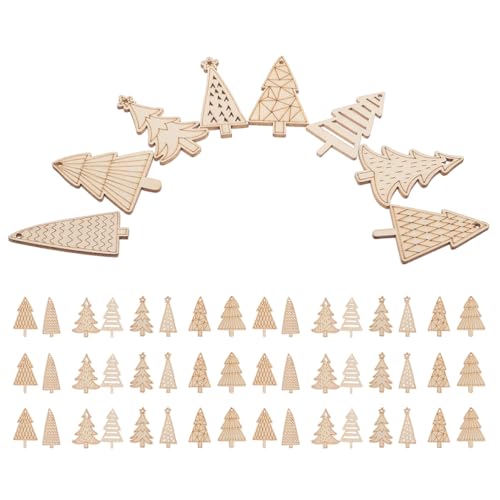 Gogogmee 50 Stück unlackierte Baumschmuckstücke aus Holz – leere Holzausschnitte, DIY-Bastelarbeiten, Mini-Weihnachtsholzstücke, Verzierungen zum Bemalen, Weihnachts-Weihnachtsbaum-Hängedekorationen von Gogogmee