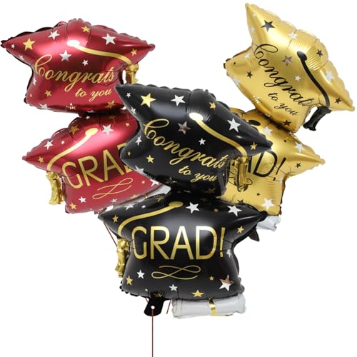 Gogogmee 6 Stück Teiliges Aluminiumfolie Ballon Abschlussmützen motiv in Gold Rot Schwarz Metallic Luftballons für Abschlussfeier Party dekoration Fotohintergrund Leichte Langlebige von Gogogmee