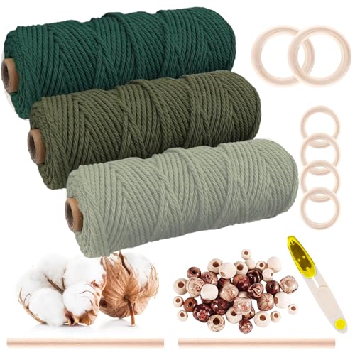 Gohytal Makramee Garn Set, 3 Stück Makramee Set 3mmx50M, Natur Baumwolle Makramee Baumwollgarn Bunt Farbverlauf,Baumwollseil mit Makramee Zubehör für DIY Handwerk Stricken Basteln Boho Deko Wandbehang von Gohytal