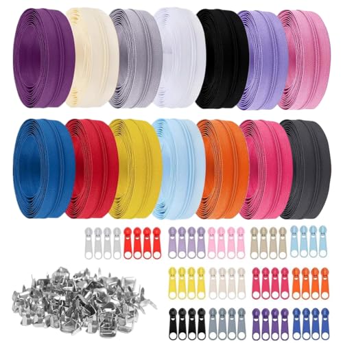 Gohytal Reißverschlüsse Set, 14 Farben 3mm Endlosreißverschluss Set mit Schieber und Reißverschluss, 39,2m Nylon Reißverschluss Endlos Reißverschluss Teilbar für Nähen und Basteln Kleidung Bettwäsche von Gohytal