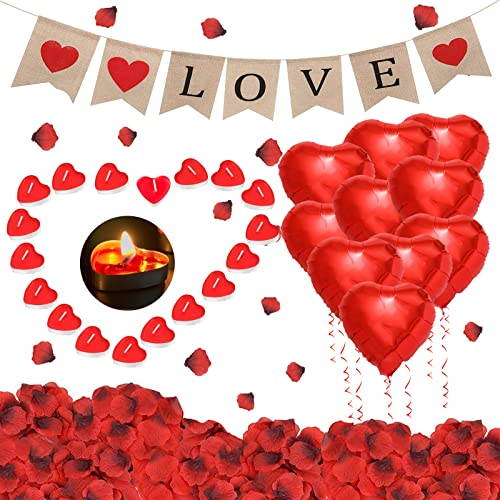 Gohytal Romantische Valentinstag Deko, Kerzen Rote Teelichter und Rosenblätter Kit, Romantisches Hochzeit Deko, 50 Herzform Kerzen, 1000 Rosenblätter, 10 Herzluftballons für Verlobung, Heiratsantrag Gohytal Romantische Valentinstag Deko, Kerzen Rote Teelichter und Rosenblätter Kit, Romantisches Hochzeit Deko, 50 Herzform Kerzen, 1000 Rosenblätter, 10 Herzluftballons für Verlobung, Heiratsantrag von Gohytal