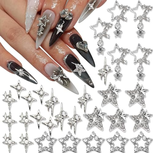 Goiern 30 Stück Stern-Nagel-Charms, glänzendes Silber, 3D-Sterne, Nagel-Edelsteine, Sternenlicht-Nagelschmuck, Y2K-Charms für Acrylnägel, Dekoration, glitzernde von Goiern