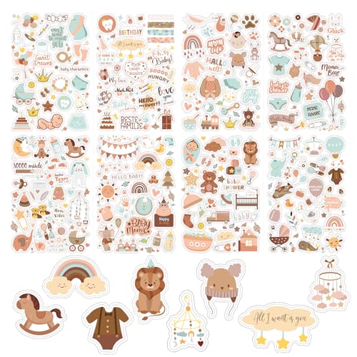 Goiern 4 Stück 212 Stickers Babyalbum,Aufkleber für Kinder und Baby Fotoalben, 8 Bögen DIN-A4 DIY Scrapbooking Aufkleber zum Gestalten, Baby-Scrapbook-Aufkleber(Braun) von Goiern