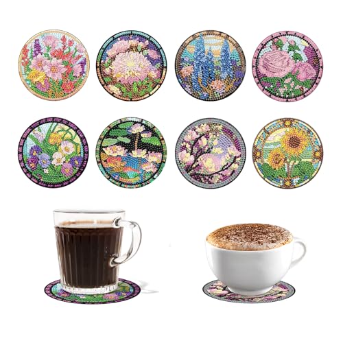 Goiern 8 Stück Diamond Painting Untersetzer Blumen,Diamond Painting für Anfänger Kinder Erwachsene,5D Diamant Painting Untersetzer für Tassen Weingläser, Vasen und Heimküche von Goiern