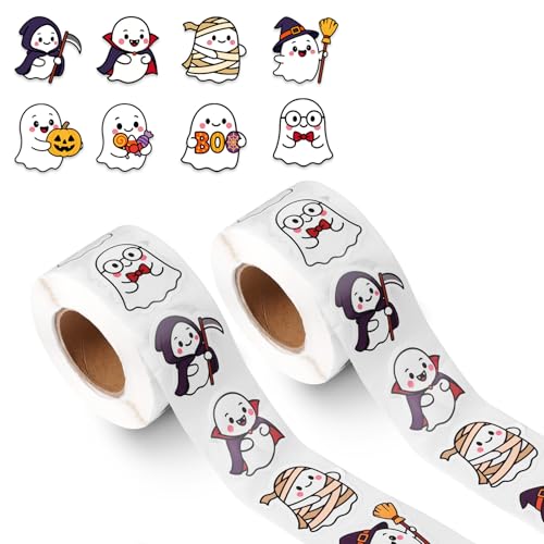 1000stk Halloween-Aufkleberrolle, 8 Arten Selbstklebende Süße Geister-Aufkleber Runde Aufkleber für Bonbontüten Sammelalben Geschenkverpackungen Halloween-Partygeschenke und Dekorationen von Goktvai