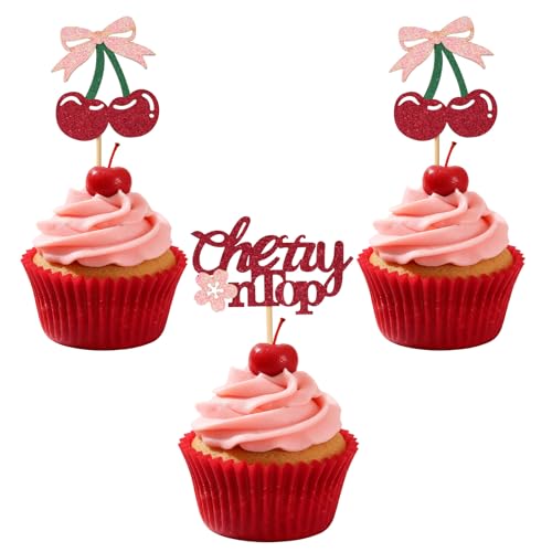 24 Stück Cupcake Topper mit Cherry On Top, Rote Glitzer Kuchenspieße mit Obstmotiv für Obst Motive Geburtstag Babyparty Brautparty Kuchendekorationen von Goktvai