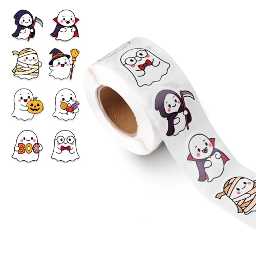 500stk Halloween-Aufkleber Rolle, 38mm Süße Geister-Aufkleber Selbstklebende Runde Aufkleberrolle für Halloween-Party-Dekoration Süßigkeitentüten Basteln Geschenke Sammelalben(8 Stile) von Goktvai