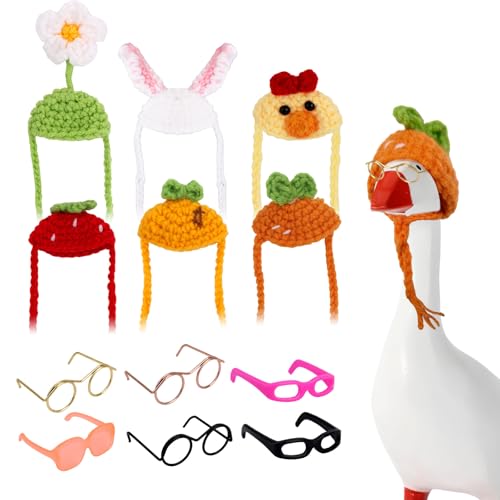 Goktvai 6 Sets 17,78cm Mini Schreibtisch Gans Outfits, Mini Strickmütze mit Brille Niedlich Verstellbar Kleine Veranda Gans Kopfbedeckung Zubehör für Magnetische Gänse Statue von Goktvai