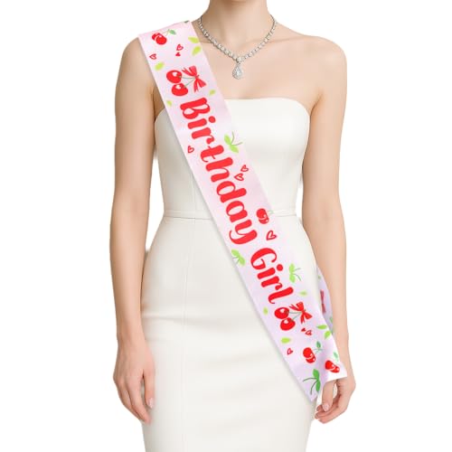 Goktvai Kirsch Schärpe Birthday Girl, Polyester Süß Kirschschärpe Leicht zu Tragen Party Dekorationszubehör für Mädchen und Frauen Beerenfrucht Geburtstagsparty mit Obstthema von Goktvai