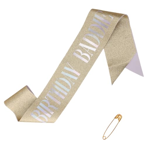 Schärpe Birthday Baddie, Glitzer Happy Birthday Schärpe für Damen und Herren Folienschriftzug Lustig Partyzubehör Dekoration für Erwachsene Kinder Mädchen Jungen und Freunde (Gold) von Goktvai