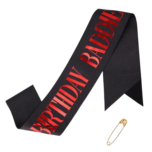 Schärpe Birthday Baddie, Glitzer Happy Birthday Schärpe für Damen und Herren Folienschriftzug Lustig Partyzubehör Dekoration für Erwachsene Kinder Mädchen Jungen und Freunde (Schwarz Rot) von Goktvai