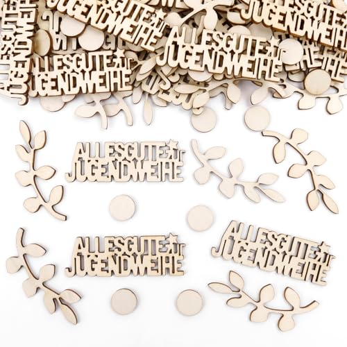 GoldRock Holz Alles Gute zur Jugendweihe Deko Konfetti Groß 1,5-6,9 cm,100 Stück Deko Jugendweihe Junge Mädchen,Eukalyptus Streudeko Tischdeko Jugendweihe Geschenke,Konfirmation Jugendfeier Dekoration von GoldRock