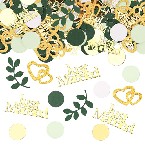 GoldRock Just Married Deko Hochzeit Tischdeko Herzen Deko Konfetti Groß,100 Stk Tischdeko Hochzeit Grün Gold,Glitzer Streudeko Hochzeiten Geschenk,Hochzeitsdekoration Tisch,Vintage Hochzeitsdeko Set von GoldRock