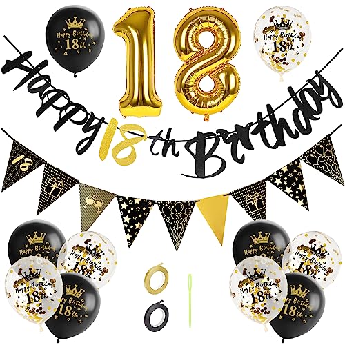 GoldRock Luftballons 18 Geburtstag Deko Schwarz Gold Set, Deko 18. Geburtstag Junge Mädchen, Geburtstagsdeko 18 mit Happy Birthday Girlande, Folienballon Zahl 18, Dekoration zum 18 Geburtstag von GoldRock