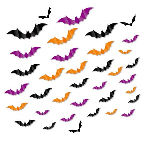 GoldRock 36× Bunt Fledermaus Halloween Deko,Fledermaus Deko mit Kleber,Halloween Dekoration,Gothic Deko,Fledermaus Dekoration für Outdoor,Wand,Garten,Fensterdeko,Geburtstag,Halloween Party Zubehör von GoldRock