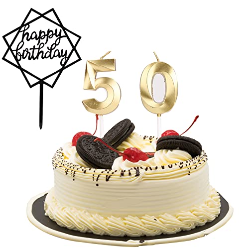 GoldRock 50. Geburtstagskerzen Happy Birthday Tortendeko Set, Geburtstagskerzen Zahlen + Cake Topper Geburtstag, 50 Geburtstag Deko, 3D Gold Kerzen Geburtstag für Hochzeit, Jubiläum, Feier, Abschluss von GoldRock