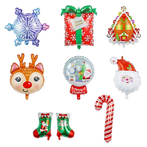 GoldRock 8 Stück Weihnachtsballons Weihnachtsmannkopf, Elchkopf,Schneeflocke,Süßigkeitenhaus,Weihnachtsstrumpf, Zuckerstange,Geschenkbox und Kristallkugel,Weihnachts-Neujahrsparty Deko kugelballons von GoldRock
