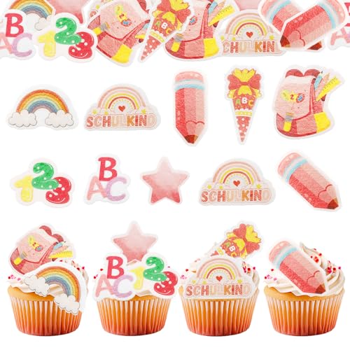 GoldRock Essbare Tortendeko Einschulung Rosa,48 Stk Esspapier Kuchen Deko Einschulung,Tortendeko Schulanfang Essbar,ABC Zuckertüte Cake Topper Schulkind 2025 Mädchen,Schuleinführung Cupcake Torte Deko von GoldRock
