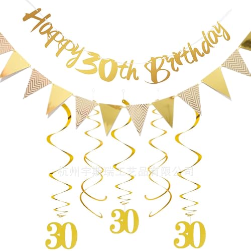 GoldRock Geburtstag Dekoration Set, Goldene Banner und Wimpelkette, Spiralgirlanden (Deko 30 Geburtstag) von GoldRock