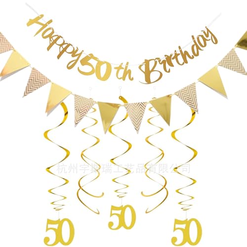 GoldRock Geburtstag Dekoration Set, Goldene Banner und Wimpelkette, Spiralgirlanden (Deko 50 Geburtstag) von GoldRock