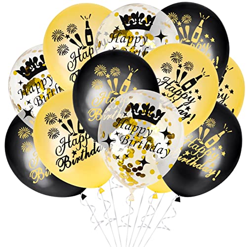 GoldRock Happy Birthday Ballon, 15 Stück Luftballons Geburtstag, Happy Birthday Luftballon Gold Schwarz, Ballons Geburtstag Set, Konfetti Geburtstagsballon Kinder Frau Mann für Party/Tisch Dekoration von GoldRock