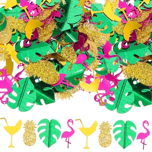 GoldRock Konfetti Hawaii Deko, Tischdeko Hawaii Party Deko, Streudeko Hawaii Dekoration Party, Confetti Beach Party Deko Zubehör, Monstera Blätter, Ananas, Rotweinglas, Flamingo Deko Konfetti Grün von GoldRock