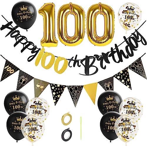 GoldRock 100 Geburtstag Dekoration Schwarz Gold, Deko zum 100 Geburtstag Männer Frau, Geburtstagsdeko 100 Jahre,Luftballons 100 Geburtstag,Happy Birthday Girlande,Folienballon Zahl 100,Deko 100 Jahre von GoldRock