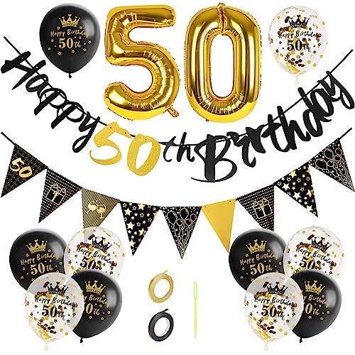 GoldRock Deko 50. Geburtstag Mann Frau Schwarz Gold, 50 Geburtstag Deko Set, 50 Geburtstag Mann Deko, Luftballons 50. Geburtstag, Happy Birthday Girlande,Folienballon Zahl 50, 50 Jahre Geburtstag von GoldRock