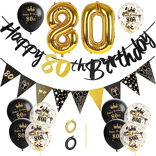 GoldRock 80 Geburtstag Deko Mann Frauen, Deko Geburtstag Mann 80, Luftballon 80 mit 80 Geburtstag Banner,Folienballon Zahl 80 Größe,Geschenke zum 80 Geburtstag Ballon Set Schwarz Gold,80er Jahre Deko von GoldRock