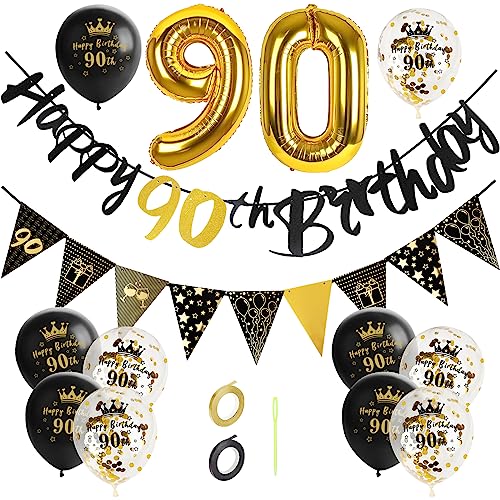 GoldRock 90 Luftballon 90 Geburtstag Deko Mann Frauen, Deko 90 Geburtstag Set, Luftballons Geburtstag 90 Jahre, 90 Geburtstag Banner, Folienballon Zahl 90 Größe, Geschenk zum 90. Geburtstag Dekoration von GoldRock