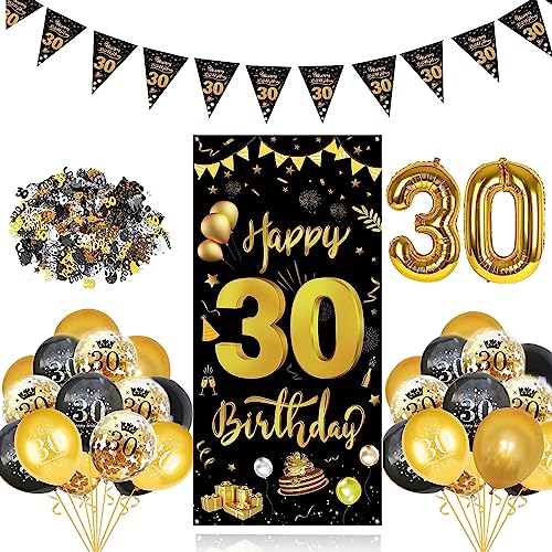 GoldRock 32 Stück 30 Geburtstag Deko Schwarz Gold Set, 30 Geburtstag Männer,Deko 30 Geburtstag Frauen,Luftballons 30. Geburtstag,Folienballons 30 Jahre,30er Geburtstag Mann Banner,Konfetti,Wimpelkette von GoldRock