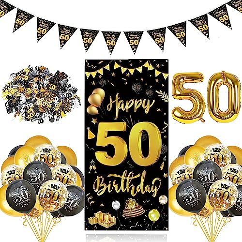 GoldRock 32 Stück 50 Geburtstag Deko Schwarz Gold Set, 50 Geburtstag Männer,Deko 50 Geburtstag Frauen,Luftballons 50. Geburtstag,Folienballons 50 Jahre,50er Geburtstag Mann Banner,Konfetti,Wimpelkette von GoldRock