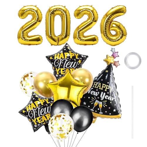 GoldRock Luftballons Silvester Deko 2026 Set,Deko Silvester Ballons,Happy New Year Deko,Folienballon Neujahr Luftballon Dekoration,Neujahr Party Deko Luftballon (Neujahrshut – Stil) von GoldRock