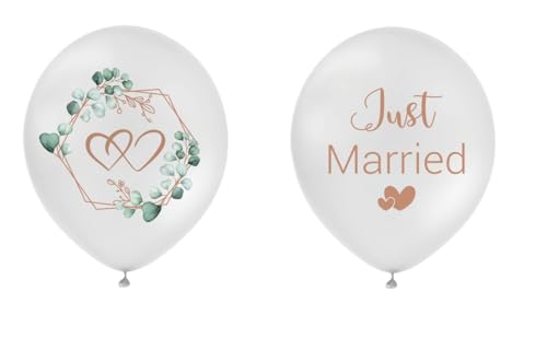 Just Married Hochzeit Ballons, 30 Stück Weiß mit Roségold und Eukalyptus Design, Hochzeitsdekoration Set mit Ballonband von GoldRock
