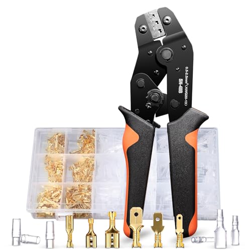 Goldeluxe Crimpzange Set mit 300 Sätze Flachstecker Kabelverbinder,0.5-2.5mm² Krimpzange, kabelschuhe flachstecker,3 Größen Klemmen elektro,Kabelschuhe set,Steckverbinder,Quetschverbinder von Goldeluxe