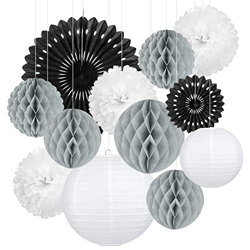 Golden Bell 12 x Lampions Seidenpapier Pompoms Wabenbälle Fächer Dekoration Set Weiß Schwarz Grau für Hochzeit Deko Geburtstag Party Valentinstag Einschulungsparty Mottoparty Feier von Golden Bell