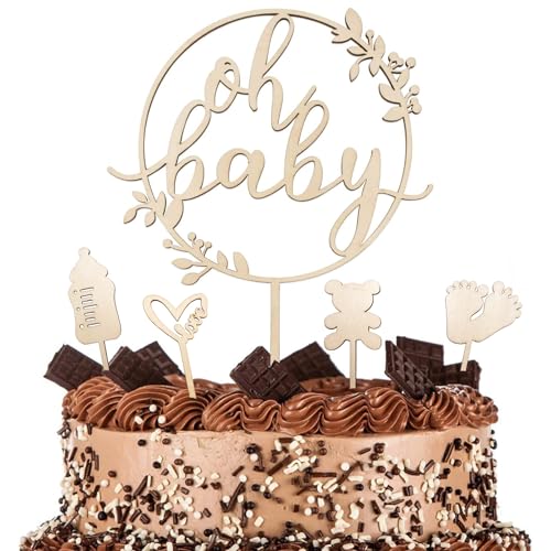 Goldenland Oh Baby Cake Topper Holz 5 Stück, Oh Baby Tortendeko, Baby Kuchen Topper Kuchendeko Tortendeko für Babyparty, Baby Shower Deko, Gender Reveal Partydeko Kindertaufe schmücken Tortenaufsatz von Goldenland