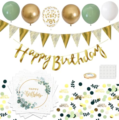 Goldenland 40 Stück Happy Birthday Servietten Eukalyptus Grün + 20 pcs Luftballons + Happy Birthday Girlande + Konfetti, Tisch Dekorationen Papier servietten geburtstag Napkins für Geburtstag Party von Goldenland