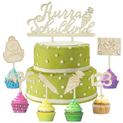 Goldenland 7 big Cake Topper Schulkind Holz, Tortendeko Einschulung, Schulanfang Cupcake Toppers, ABC 123 Kuchendeko, Schulkind Torten Topper für Mädchen Junge Schuleinführung Party Deko von Goldenland