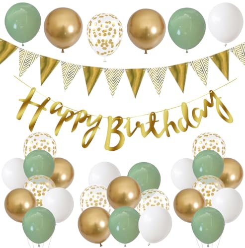 Goldenland Happy Birthday Girlande Gold Grün, Luftballons Geburtstag Dekoration, Geburtstagsdeko Banner Party Set Mit Konfetti Luftballons von Goldenland