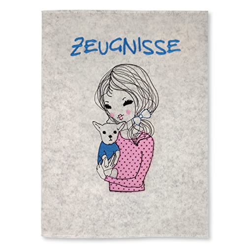 Goldi-Design Zeugnismappe Mädchen mit Hund weiß 100% Wollfilzumschlag und Sichtbuch DIN A4 mit 20 Hüllen von Goldi-Design