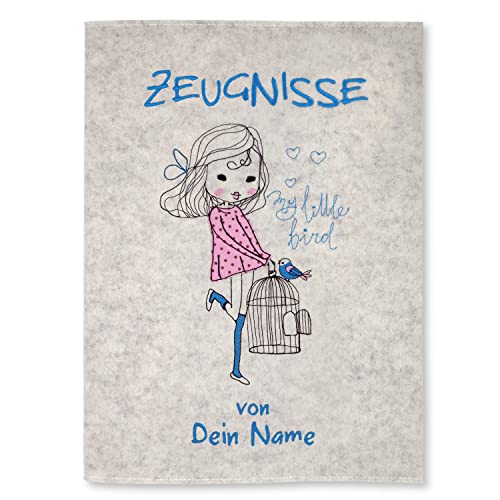 Goldi-Design Zeugnismappe My little Bird weiß personalisiert mit Namen 100% Wollfilzumschlag und Sichtbuch DIN A4 mit 20 Hüllen von Goldi-Design