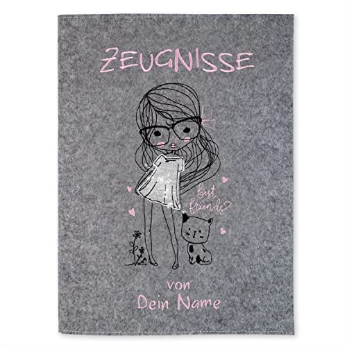 Goldi-Design Zeugnismappe Mädchen mit Katze grau/glitzer personalisiert mit Namen 100% Wollfilzumschlag und Sichtbuch DIN A4 mit 20 Hüllen von Goldi-Design