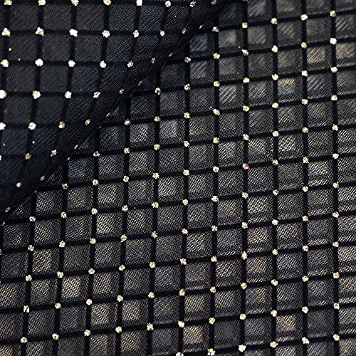 (14,21/m2) Netzstoff schwarz gold | Mesh Tüll elastisch Glitzerpunkte | Meterware zum Nähen (Rauten schwarz gold) von Goldschmidt