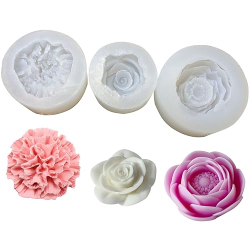 Goldyida 3 Stück Blumen Kerzen Silikonformen 3D Rosenblüte Kerzen Silikonformen Gießformen Rosen Nelke Pfingstrose Silikonform Silicone Kerzenform für DIY Kerzen, Seifen, Gipsharzhandwerk von Goldyida