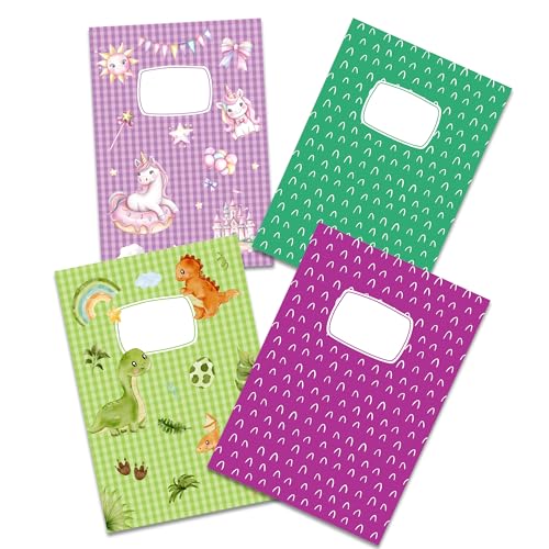 4 Hochwertige Postmappe A4 aus Papier für Kinder，Schulmappen Set für Grundschüler, Postmappe Schule mit Gummizug, Einhorn & Dinosaurier von Goldziples