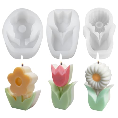 Golgner 3 Stück Tulpen Kerzen Gießform, 3D Silikonform Blumen, Tulpen Silikonformen, Blumen Kerzenform, für DIY Kerzen Gießen, Aroma Gips, Seifen, Harzhandwerk von Golgner