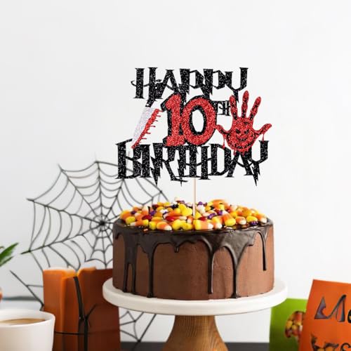 Schwarzer Glitzer-Killer, Happy 10th Birthday, Halloween-Zombie-Vampir, Bloody Friday Geburtstagsdekoration, Messer und Maskenschild, einseitiger Glitzer (Killer Happy Birthday, 10) von Gonasng