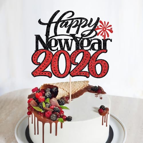 Tortenaufsatz "Happy New Year" 2026, Winter-Weihnachtsfeiertag, Kuchendekoration, Hallo 2026, Silvester, Weihnachten, Frohe Feiertage, Party-Dekorationen (Design 2, Schwarz Rot) von Gonasng